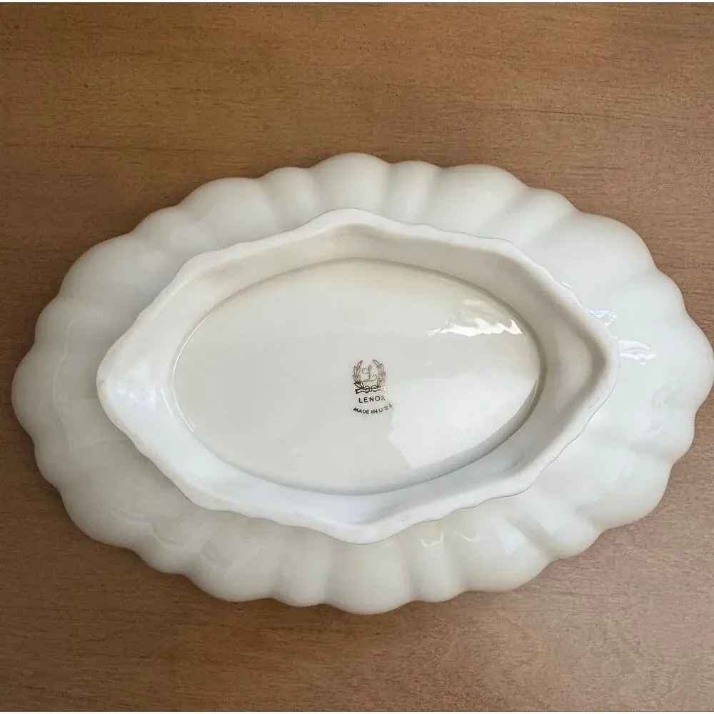 Vintage 80s Lenox Symphony Oval Scalloped Porcelain Serving Bowl Platinum Trim